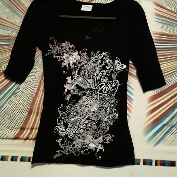 Roxy Paradise Womens Medium Black & White Print Teeshirt - Picture 4 of 14